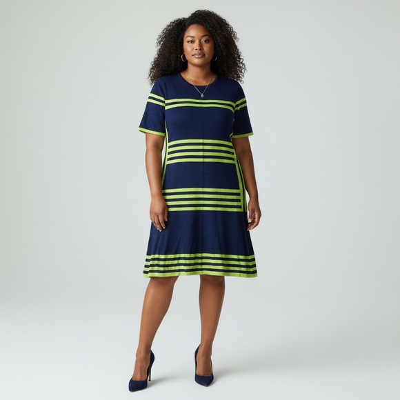 Navy & brat green short sleeve midi sweater dress - Picture 1 of 5
